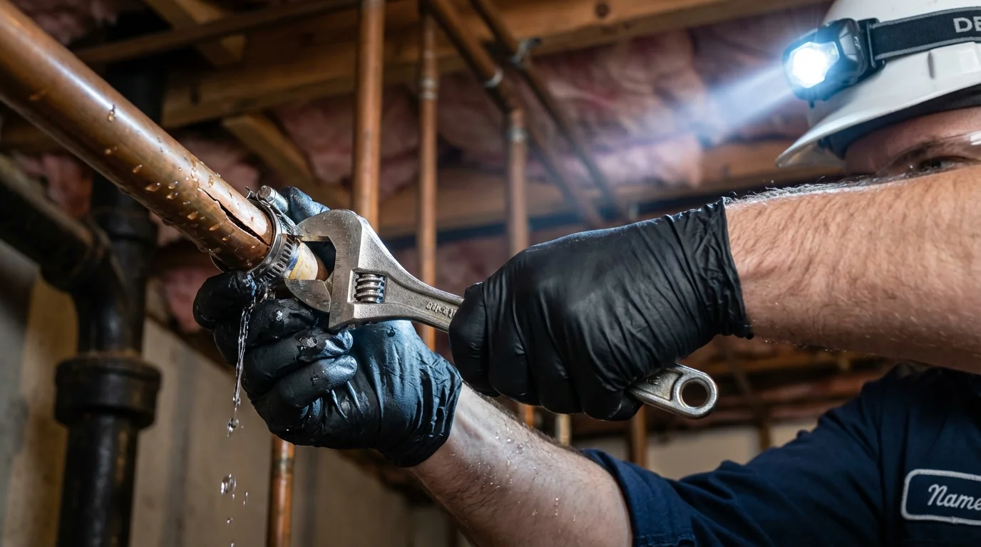 Emergency pipe clamp repair being performed by a Johns Plumbing LLC plumber in Hyde
